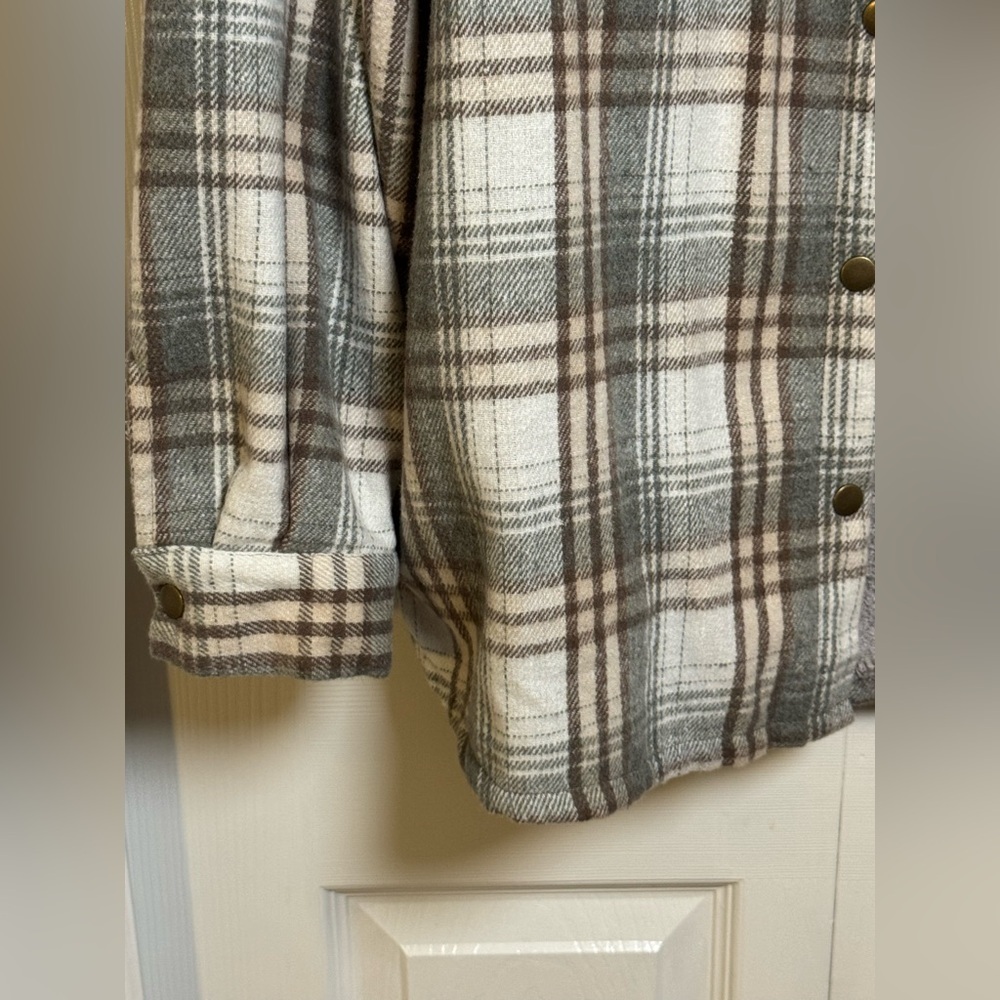 Plaid Sherpa Lined Hooded Shacket XXL Gray Brown Fleece Jacket - Picture 3 of 9